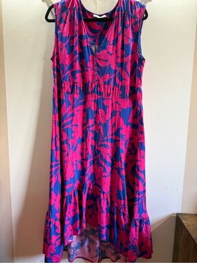 Abel the Label Pink Blue Floral Maxi Dress Size L Tiered Sleeveless Boho